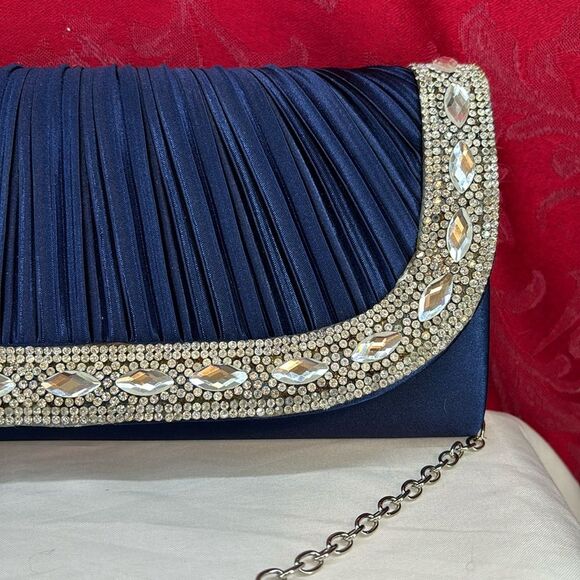 Lulu Townsend Clutch Pleated Blue Satin Rhinestone‎ Women Chain - Picture 6 of 12